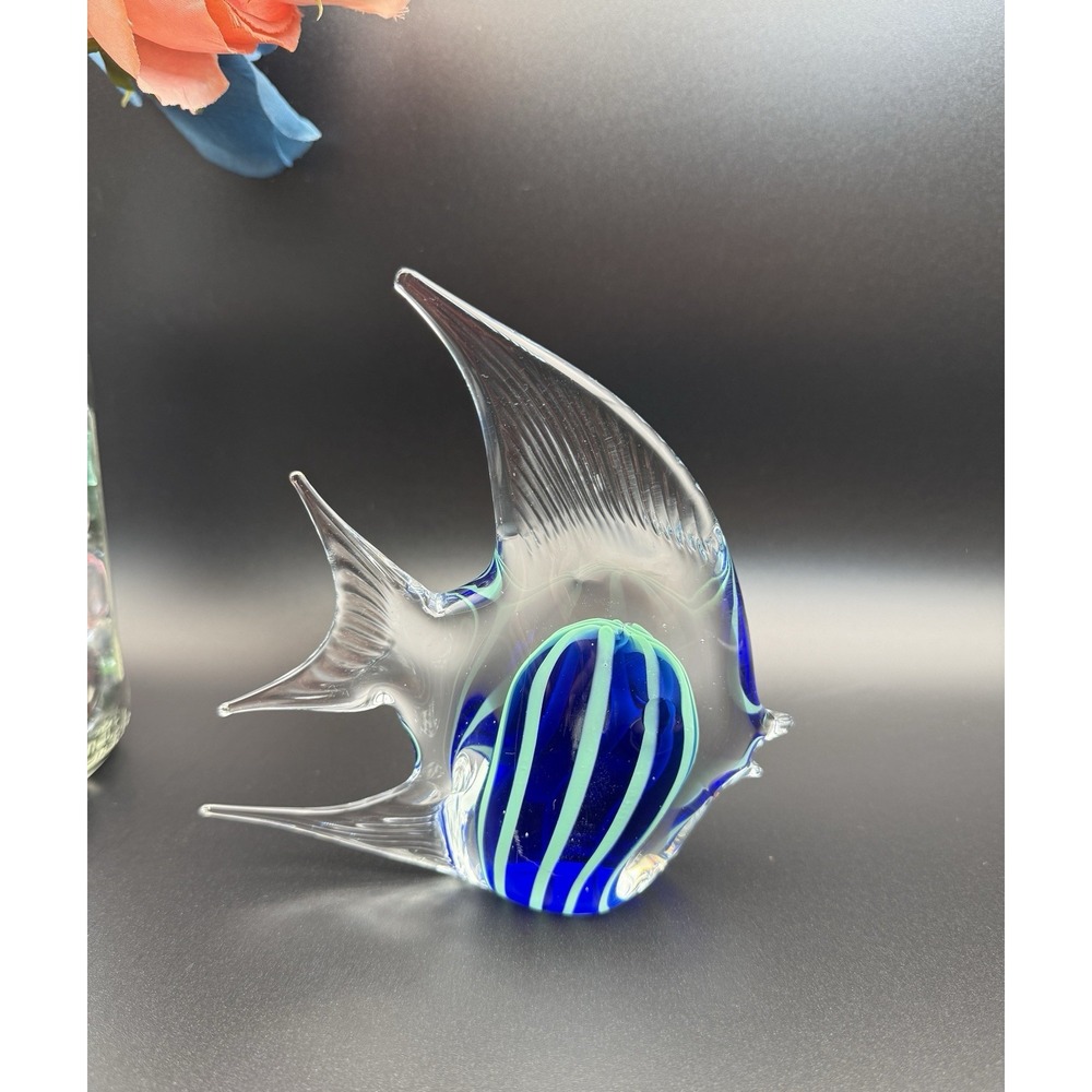 Murano Style Art Glass Angel Fish Blue/Teal Paperweight Hand Blown 4.5"Long - Picture 9 of 10